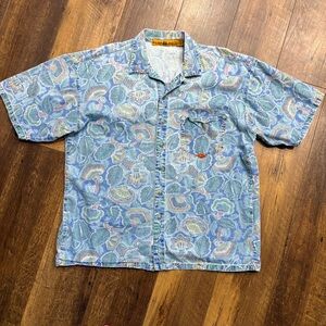 Quiksilver Men’s Vintage 90’s Blue Floral Short Sleeve Denim Casual Shirt